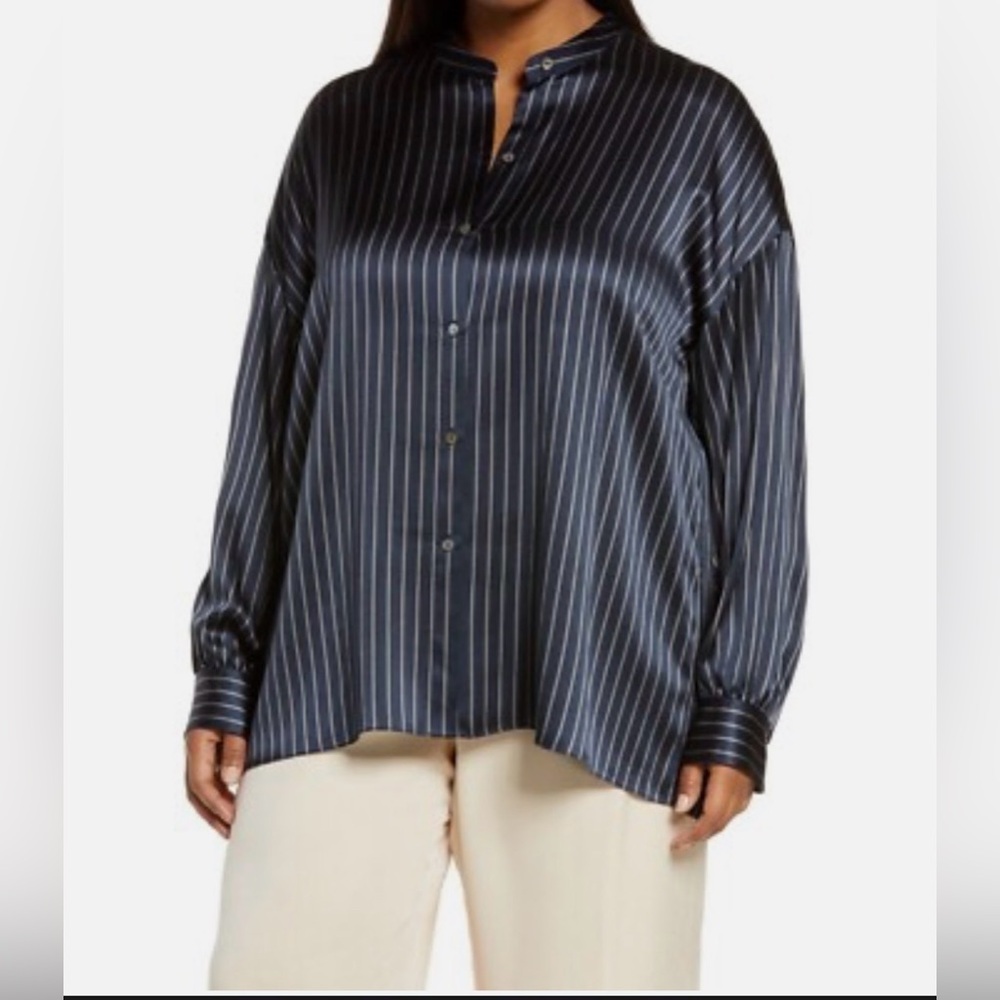 NWT VINCE Blouse 100% Silk Navy Stripe Long Sleeve Sz XXXL